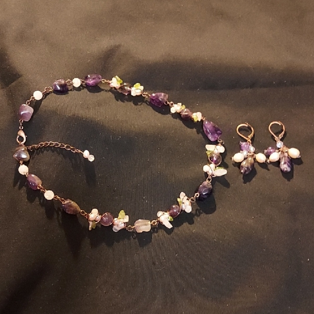 Handcrafted 60s Vintage Purple Amethyst &Faux Pearl Necklace with Match Earrings